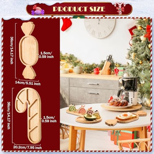 AWIZOM 2 Pcs Christmas Wooden Serving Platters Peppermint Candy and