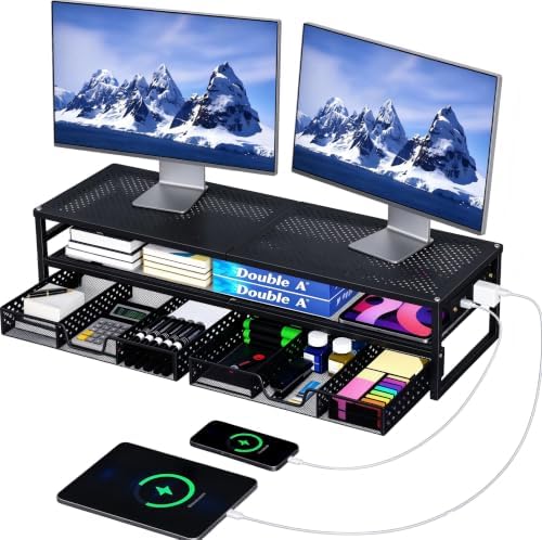 Simple Trending 2-Tier Metal Dual Monitor Stand with USB & 2 Drawers