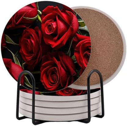 Red Roses Rose Round Coasters Set of 6 - Abosrbent Ceramic Coasters