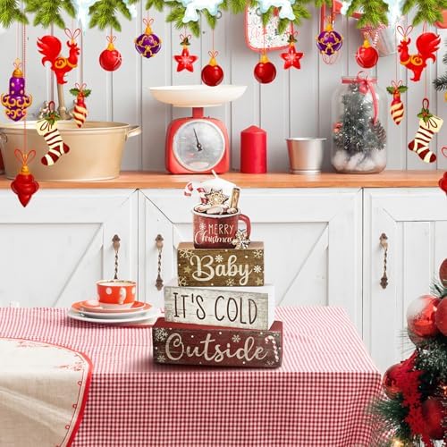 Moucuny 4 Pcs Christmas Table Decorations Indoor, Hot Cocoa Wood Block