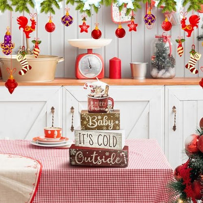 Moucuny 4 Pcs Christmas Table Decorations Indoor, Hot Cocoa Wood Block