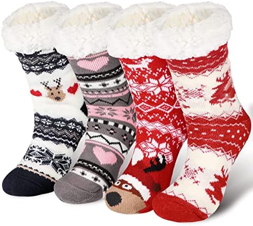 4 Pairs Christmas Fuzzy Socks Thick Fleece Warm,Classic Style