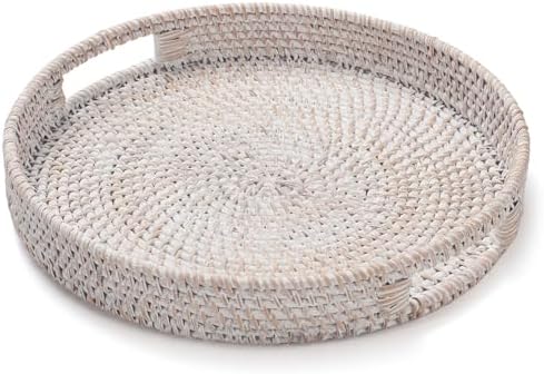 11.8 inch Round Rattan Tray, Decorative Coffee Table Trays, Ottoman
