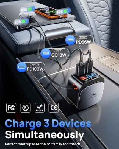 Estbuc 136W Retractable Car Charger, Fast USB C Cigarette Lighter