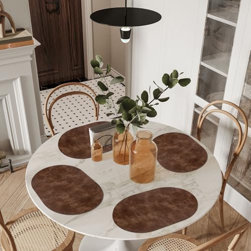 ADRIMER Oval Placemats Set of 12, Wipeable Faux Leather, Brown