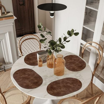 ADRIMER Oval Placemats Set of 12, Wipeable Faux Leather, Brown