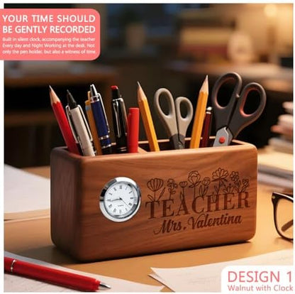 Teacher Appreciation Gifts, Personalized Pen Holder, Solid Wood Desk