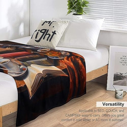 Plush Throw Fleece Blanket - Coffee and Books Oil Painting, Warm Cozy