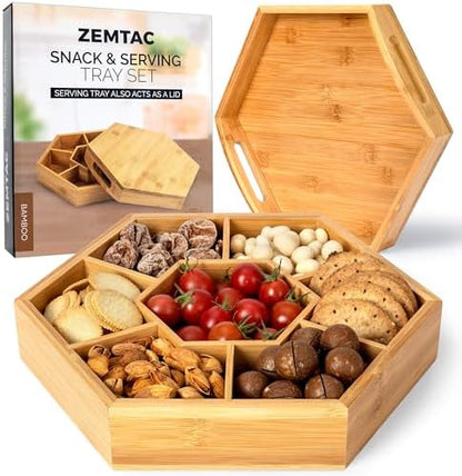 Snack and Serving Tray Set – 13" Divided Bamboo Appetizer Platter for