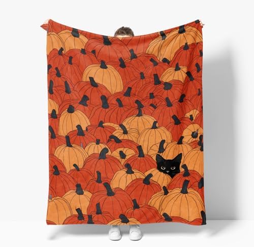 Horaldaily Fall Orange Pumpkin Cat Flannel Throw Blanket 50x60