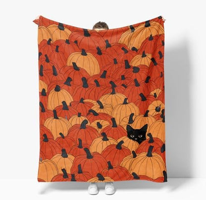 Horaldaily Fall Orange Pumpkin Cat Flannel Throw Blanket 50x60