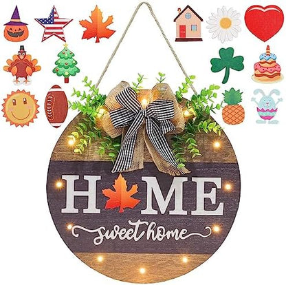 Interchangeable Welcome Sign for Front Door with 14 Changeable Icons