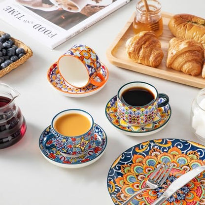 vancasso 4 Oz Bohemian Espresso Cup Set of 4, Ceramic with Saucers