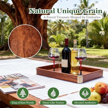 Bubinga Wood Serving Tray, 14.5"x9.8" Decorative Tray with Brass