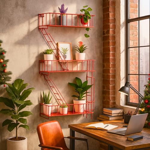 Fire Escape Shelf, 3 Tier Floating Ladder Shelf for Wall Decor &
