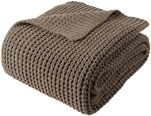 Knitted Waffle Throw Blanket, Camel Tan Throw Blanket for Couch