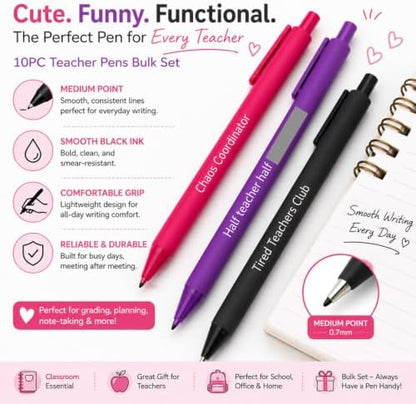 10PC Cute Funny Teacher Pens Bulk Set Black Ink Medium Point Planner