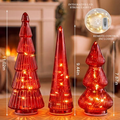 Leitee 3 Pcs Glass Christmas Tree Set with Lights, Burgundy