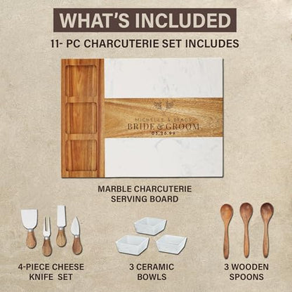 Personalized Charcuterie Board Set, Custom Laser Engraved Marble Wood