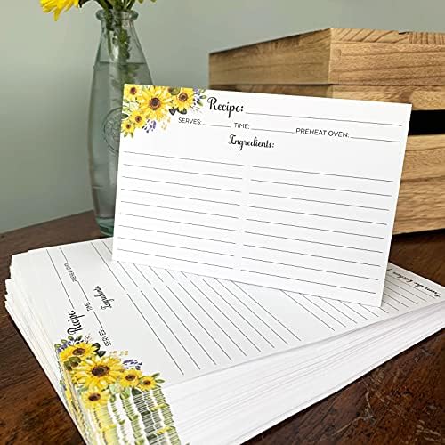 321Done Folding Recipe Cards, 8x6 to 4x6, Set of 50, Sunflowers, White