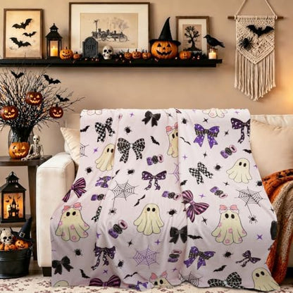 50"x60" Halloween Pink Boo Bow Throw Blanket, Cute Ghost Flannel