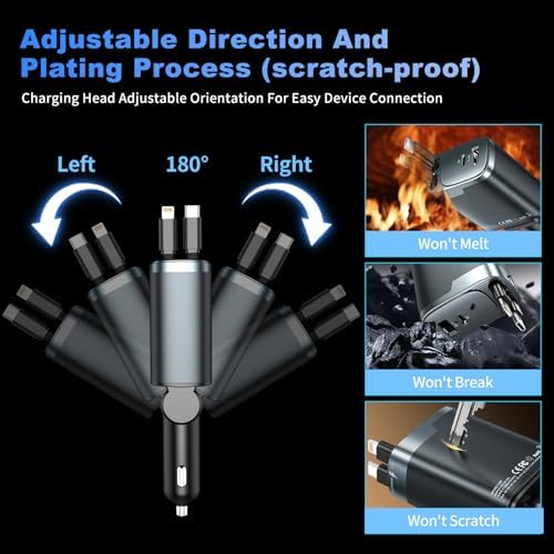 84W Retractable Car Charger, 4-in-1 Car Charger USB C Fast Charge
