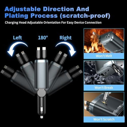 84W Retractable Car Charger, 4-in-1 Car Charger USB C Fast Charge