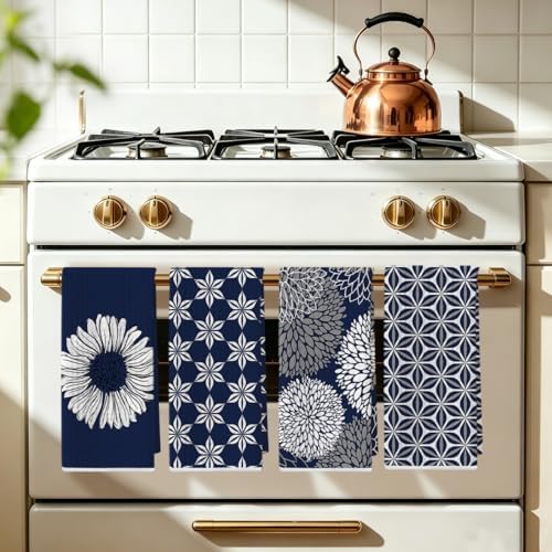 4 Pcs Blue Flower Artistic Kitchen Towels, Blue Flower Absorbent Hand