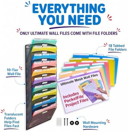 Ultimate Office Mesh Hanging Wall File Organizer, 10 Tier + 18