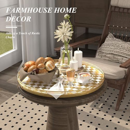 Gold and White Checkerboard Lazy Susan with Rubberwood Base and Metal