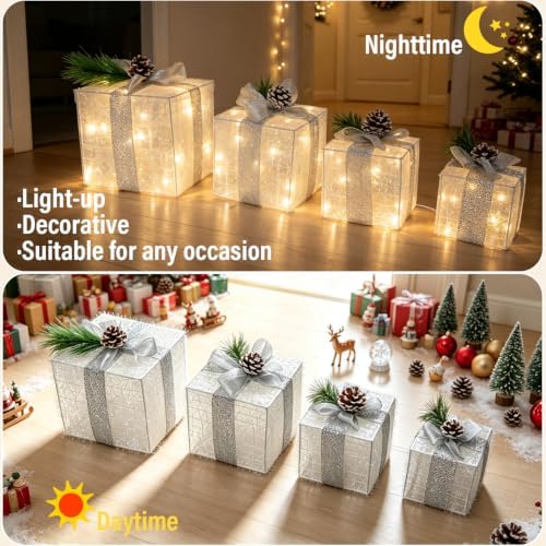 Hourleey Set of 4 Christmas Lighted Gift Boxes Warm White 70 LED