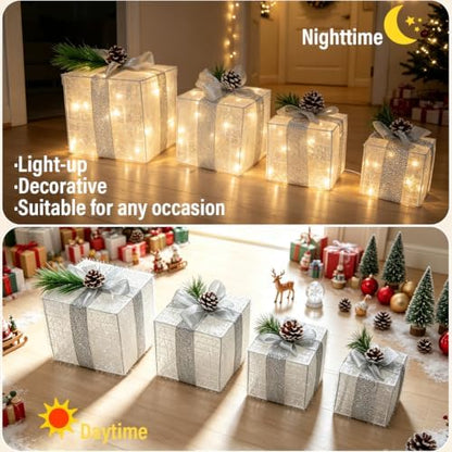 Hourleey Set of 4 Christmas Lighted Gift Boxes Warm White 70 LED