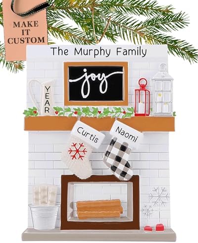 Personalized Couple Ornament 2026, White Fireplace with Stockings