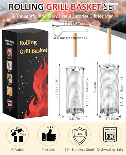 Rolling Grill Basket, Grill Gift for Men, Removable Wooden Handle, 304