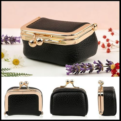 Genuine Leather Mini Jewelry Box with Vintage Kiss Lock, Black