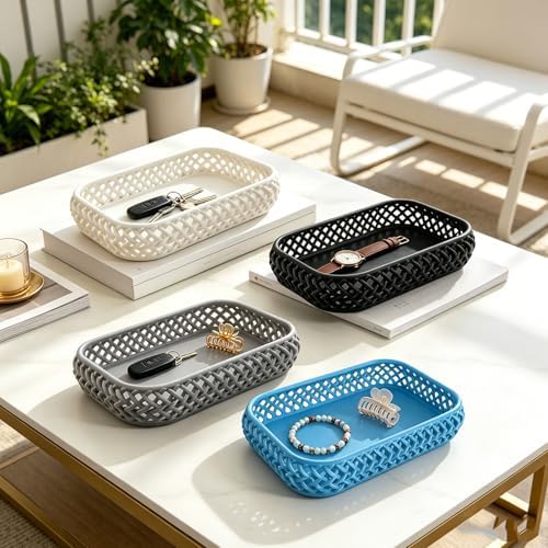Multifunctional Decorative Storage Tray, Rattan Textured Organizer