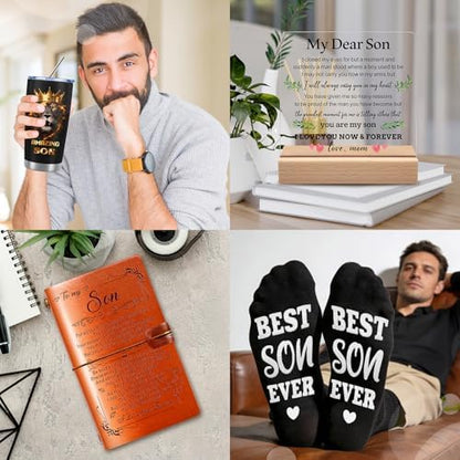 10 PCS Son Gifts from Mom with 20 Oz Tumbler, Leather Journal, Acrylic