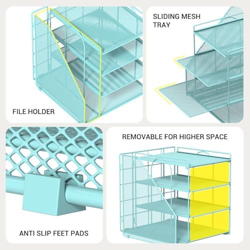 Teal Desk File Organizer and Accessories, 4-Tier Paper Organizer with