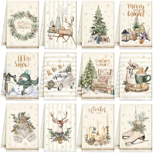 VitalCozy 12 Pcs Vintage Christmas Kitchen and Hand Towels, 14.2 x