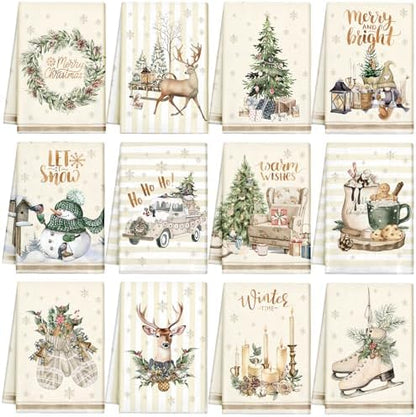 VitalCozy 12 Pcs Vintage Christmas Kitchen and Hand Towels, 14.2 x