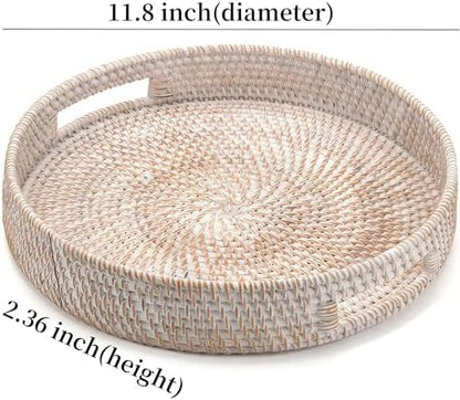 11.8" Round Rattan Tray, Hand Woven Serving Tray with Handles, Wicker