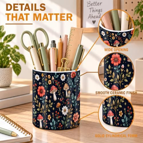 Navy Woodland Mushrooms Ceramic Kitchen Utensil Holder 6.3"