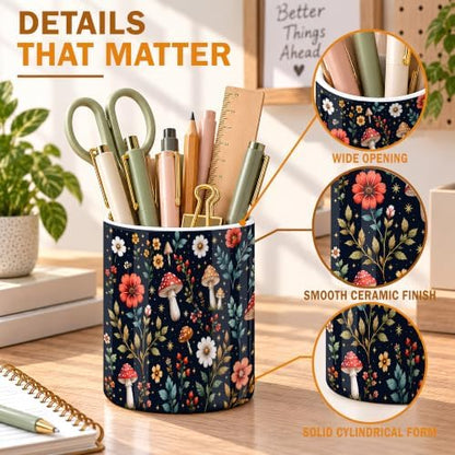 Navy Woodland Mushrooms Ceramic Kitchen Utensil Holder 6.3"