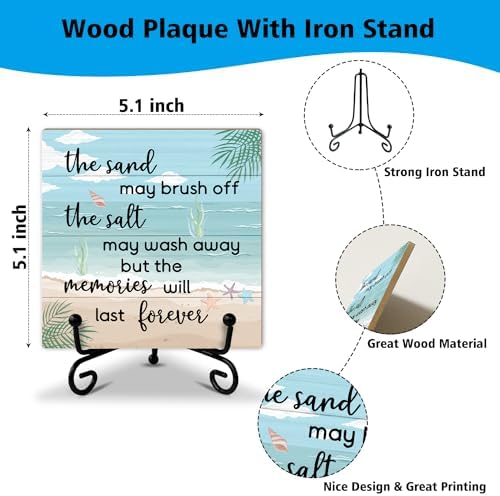 Beach Wooden Sign Desk Decor Wood Plaque with Support Stand, Coastal