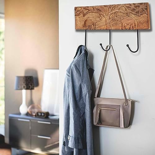 Ajuny Wooden Cloth Hooks Wall Mounted Coat Rack 3 Hooks with Carving