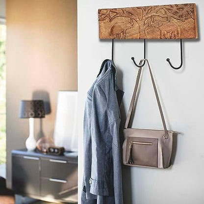 Ajuny Wooden Cloth Hooks Wall Mounted Coat Rack 3 Hooks with Carving