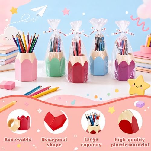 12 Set Pencil Shaped Pen Holders with Gift Bags & Ribbon, Cute Desktop