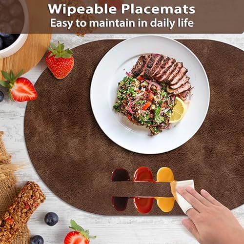 ADRIMER Oval Placemats Set of 12, Wipeable Faux Leather, Brown
