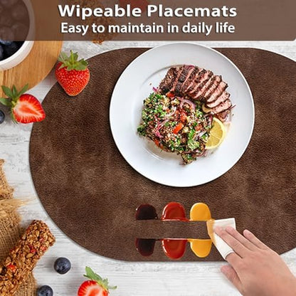 ADRIMER Oval Placemats Set of 12, Wipeable Faux Leather, Brown