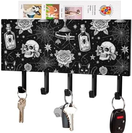 Luxury Leather Wall Mounted Key Hooks Black Cat Rose Skull Goth, Mail